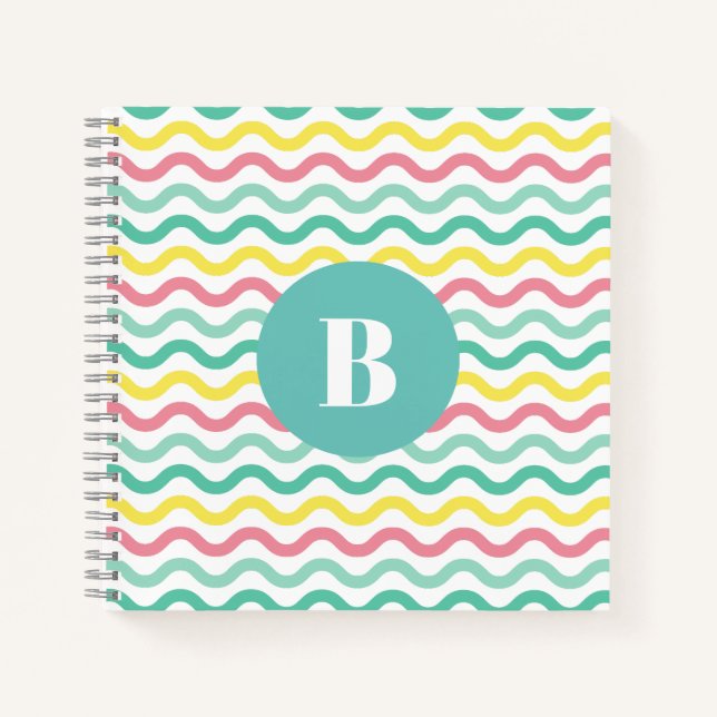 Bright Colourful Wavy Pattern Monogrammed Notebook (Front)