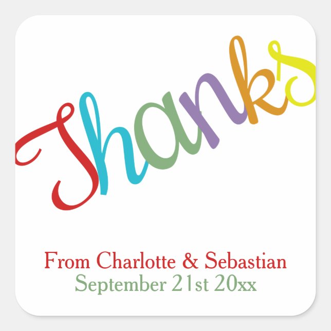 Bright Colourful Wedding Personalized Thanks Square Sticker (Front)