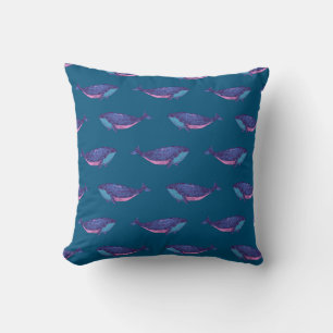 Bright Colourful Whale Pattern in Blue and Purple Throw Pillow