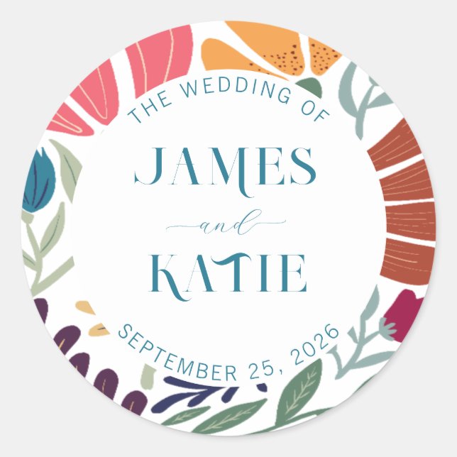 Bright Colourful Wildflower Abstract Floral Weddin Classic Round Sticker (Front)