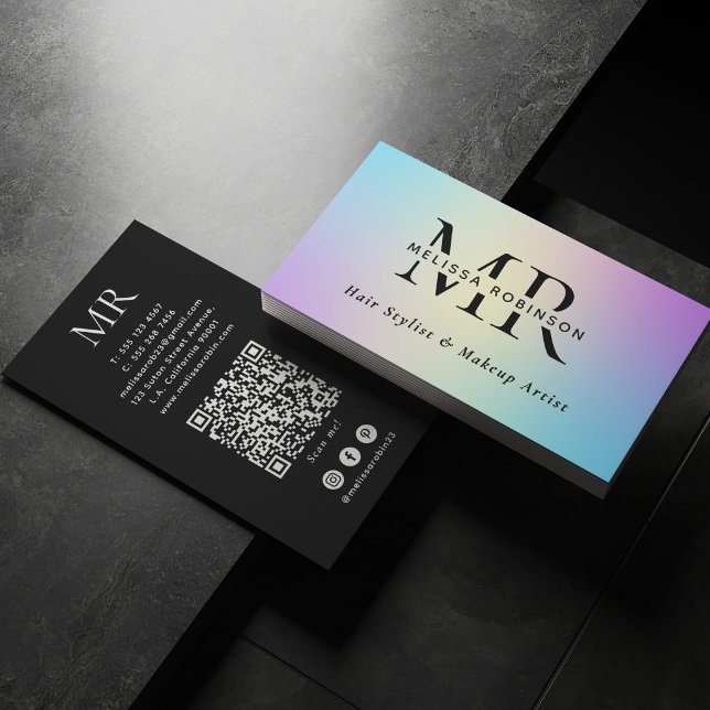 Bright Colours Ombre Gradient Monogram & QR Code Business Card (Creator Uploaded)