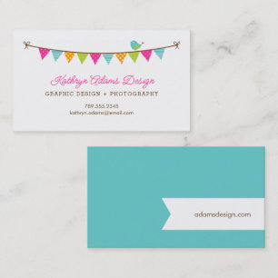 Bright Colours Patterned Bunting and Cute Bird Business Card
