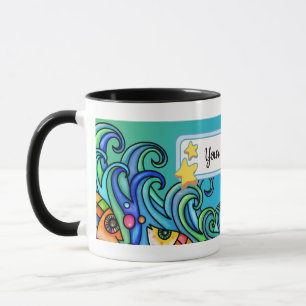 Bright Colours, Waves - Fish Doodles, Personalize  Mug