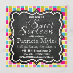 Bright Colours with Chalkboard Sign Sweet 16 Party Invitation