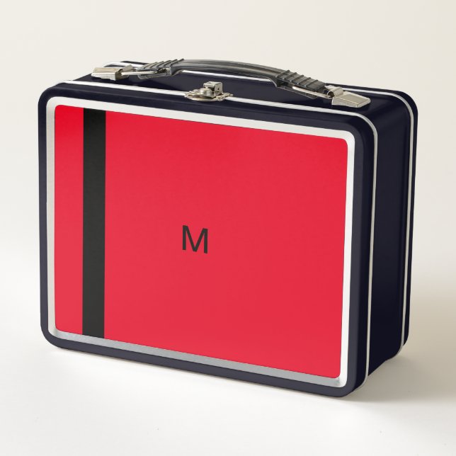 Bright Contemporary Modern Red Minimalist Monogram Metal Lunch Box (Front)