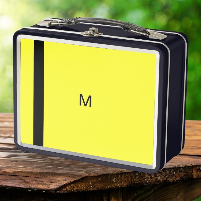 Bright Contemporary Modern Yellow Minimal Monogram Metal Lunch Box (A monogrammed metal lunch box with bright yellow and black minimalist modern design)