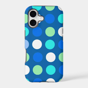 Bright cool, modern blue, white, green polka dots.