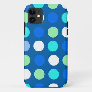 Bright cool, modern blue, white, green polka dots. iPhone 11 case