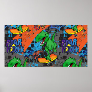 Bright cool seamless pattern with dinosaur on a sk poster
