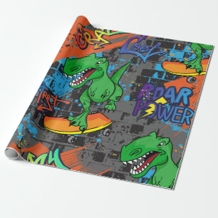 Bright cool seamless pattern with dinosaur on a sk wrapping paper