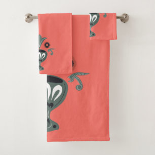 Bright Coral and Scandinavian Pattern Bath Towel Set