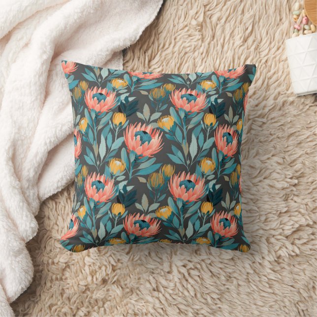 Bright Coral and Teal Protea Florals Throw Pillow (Blanket)