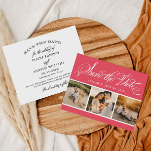 Bright Coral Calligraphy Three Photo Wedding Save The Date