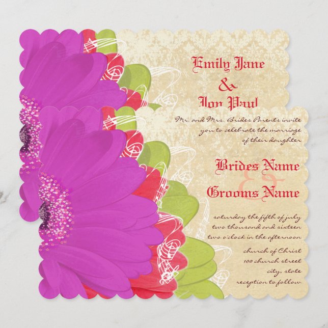 Bright Coral Lime Purple Gerber Wedding Invite (Front/Back)