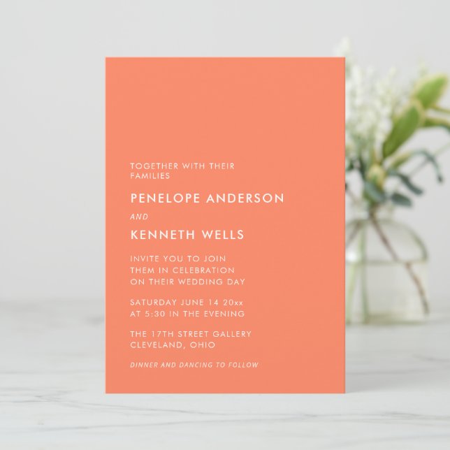 Bright Coral Persimmon Bold Modern Wedding Invitation (Standing Front)