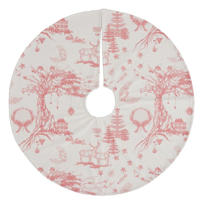 Bright Coral Red, Oak & Elk French Toile Fleece Tree Skirt (Front)