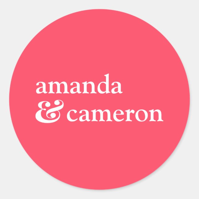 Bright Coral Simple Bride and Groom Names Logo Classic Round Sticker (Front)