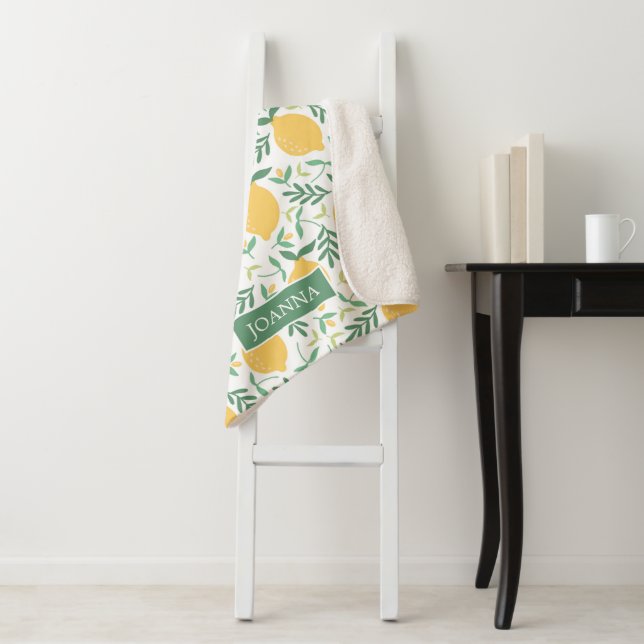 Bright Country Farm Citrus Lemon Pattern Monogram Sherpa Blanket (In Situ)
