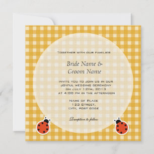 Bright  country style plaids and lady bugs wedding invitation