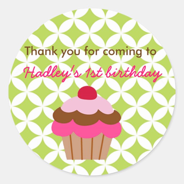 Bright Cupcake Birthday Party favour stickers tag (Front)