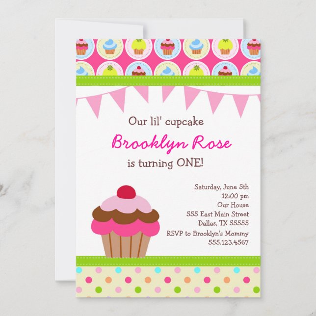 Bright Cupcake Invitations - First Birthday Party (Front)