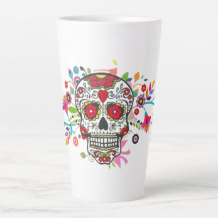 Bright Day of the Dead Catrina Skull with Flowers Latte Mug