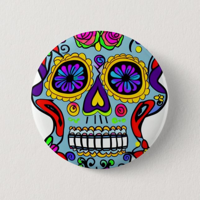 bright day of the dead celebration skull  2 inch round button (Front)