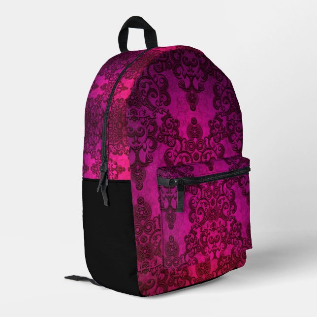 Bright Deep Pink Damask Bohemain Style Printed Backpack (Back Corner Left)