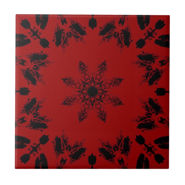 Bright deep red ebony black star flower geometric  tile (Front)