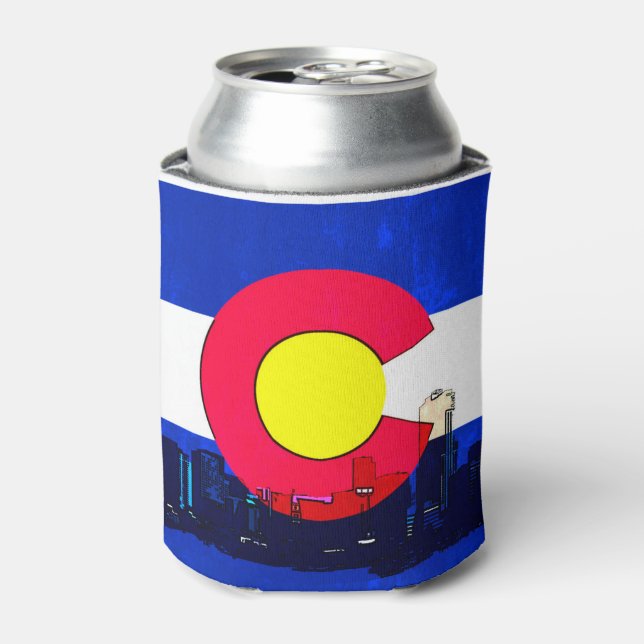 Bright Denver Colorado flag skyline can cooler (Can Front)