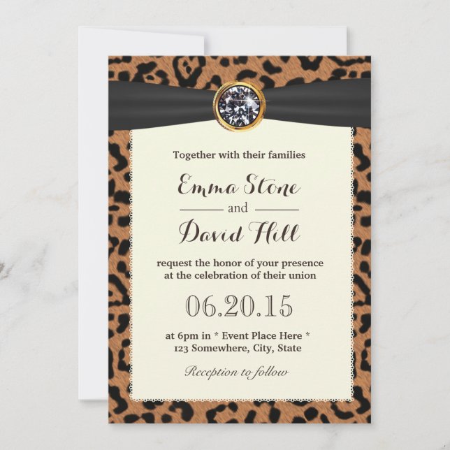 Bright Diamond Black Ribbon Leopard Print Wedding Invitation (Front)