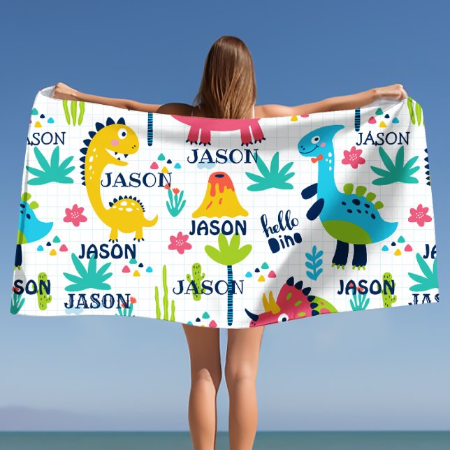 Bright Dinosaur Pattern with Custom Name Bath Towel (Bright Dinosaur Pattern with Custom Name Bath Towel)