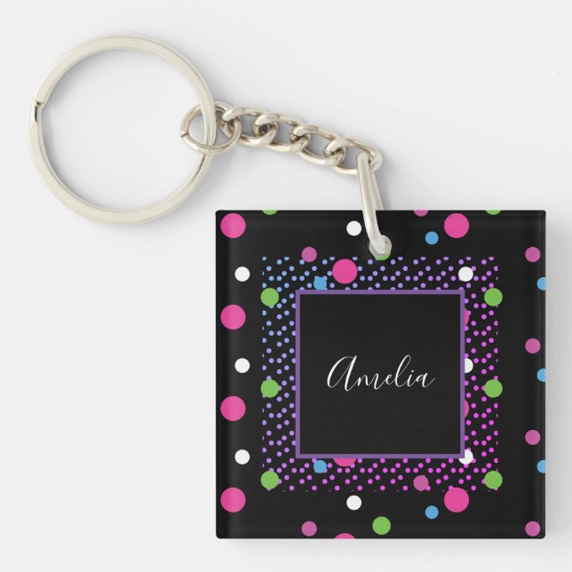 Bright Dots on Dot Pattern  Name Keychain (Front)