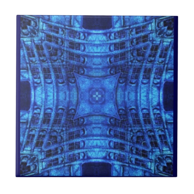 Bright electric blue abstract geometric art  tile (Front)