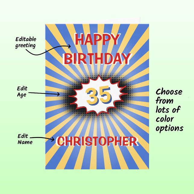 Bright explosion custom name age retro birthday card (Creator Uploaded)