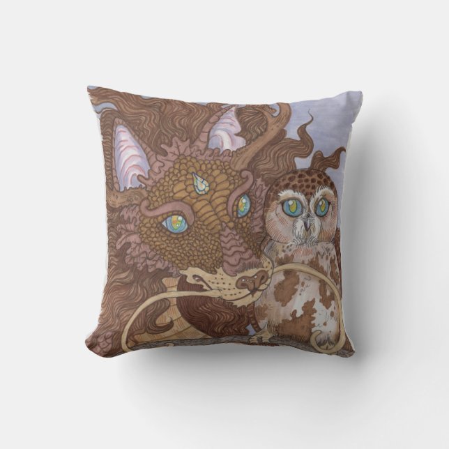 Bright Eyes Owl and Dragon Throw Pillow (Front)