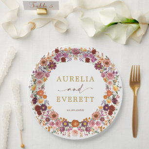 Bright Fall Wildflower Garden Wreath Wedding Paper Plate