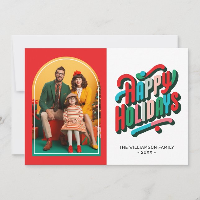 Bright Festive Retro Arch Holiday Family Card  (Front)