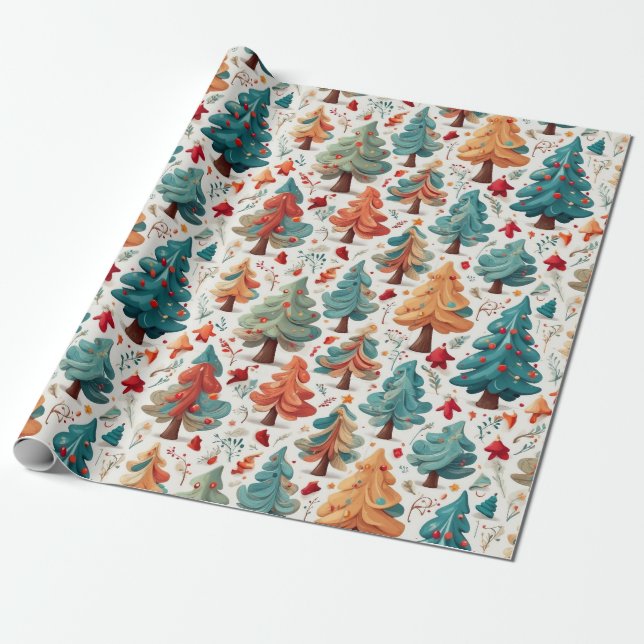 Bright festive wrapping paper with Christmas trees (Unrolled)