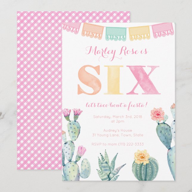 Bright Fiesta 6th birthday cactus party for girl Invitation (Front/Back)