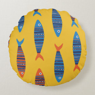 Bright fishes seamless pattern. Seaside hand drawn Round Pillow