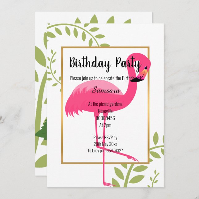 BRIGHT FLAMINGO BOTANICAL WHITE PINK GOLD INVITATION (Front/Back)