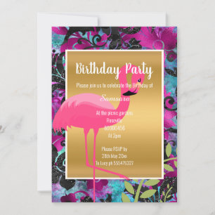 BRIGHT FLAMINGO HAWAIIAN FLORAL GOLD INVITATION