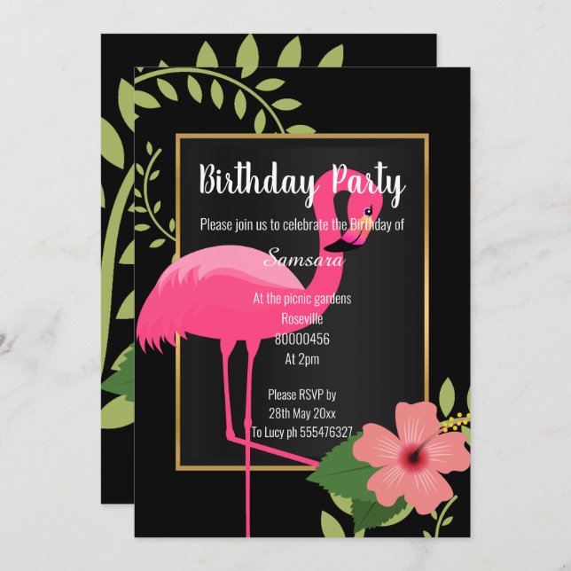BRIGHT FLAMINGO HIBISCUS BLACK PINK GOLD INVITATION (Front/Back)