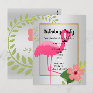 BRIGHT FLAMINGO HIBISCUS SILVER GOLD BIRTHDAY  INV POSTCARD