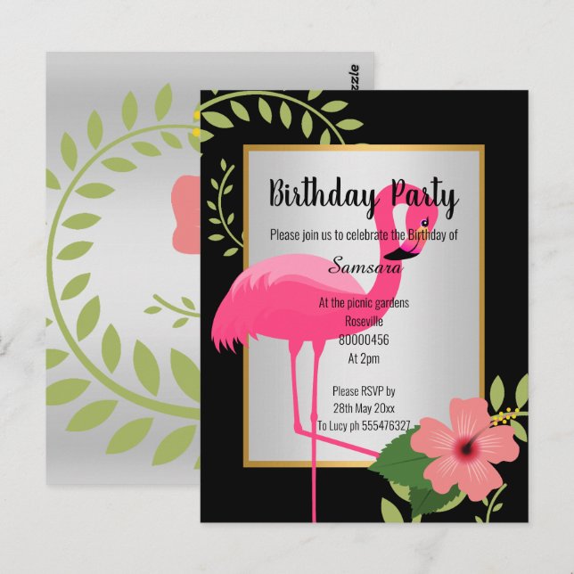 BRIGHT FLAMINGO HIBISCUS SILVER GOLD INVITATION POSTCARD (Front/Back)
