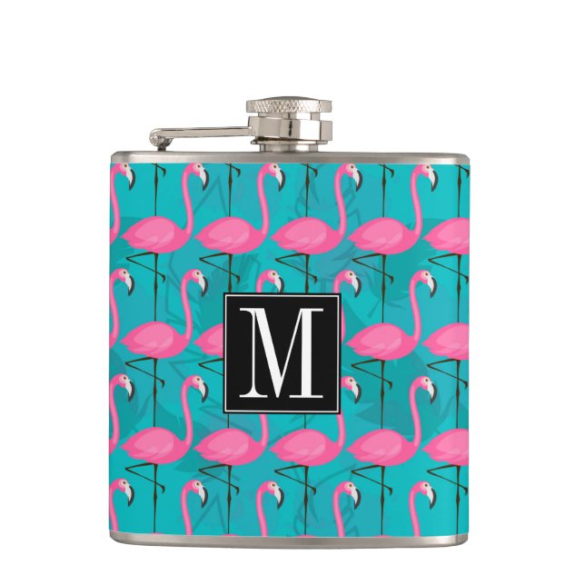 Bright Flamingo Pattern | Add Your Initial Hip Flask (Front)