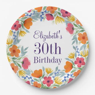 Bright Floral 30th Birthday  Paper Plate