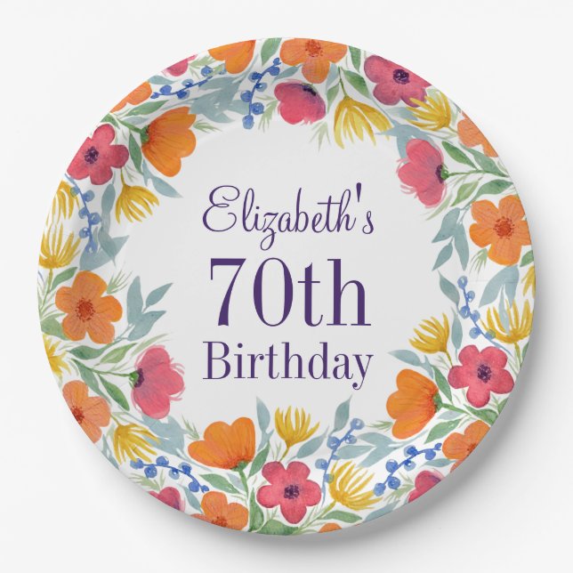 Bright Floral 70th Birthday  Paper Plate (Front)