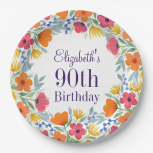 Bright Floral 90th Birthday Paper Plate